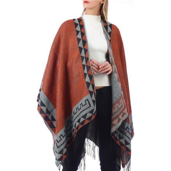 Aztec Western Printed Blanket Shawls Poncho Winter Open Front Wrap - Main Image